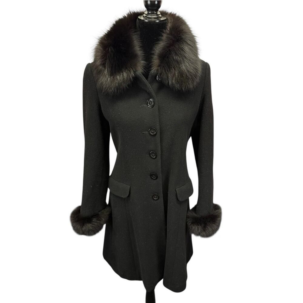 Marvin Richards Vintage Black Lambswool Coat Real Fur Trim Black P 6 small USA